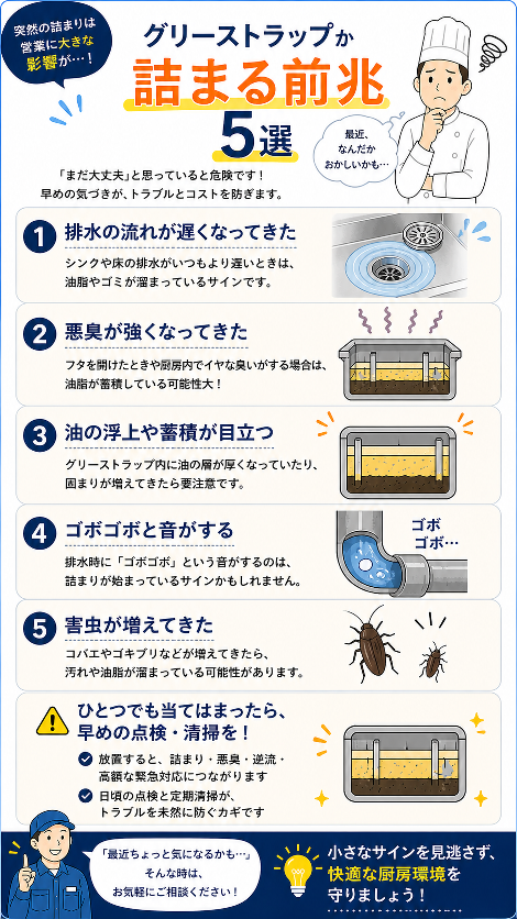 グリーストラップが詰まる前兆を5つ紹介する案内画像