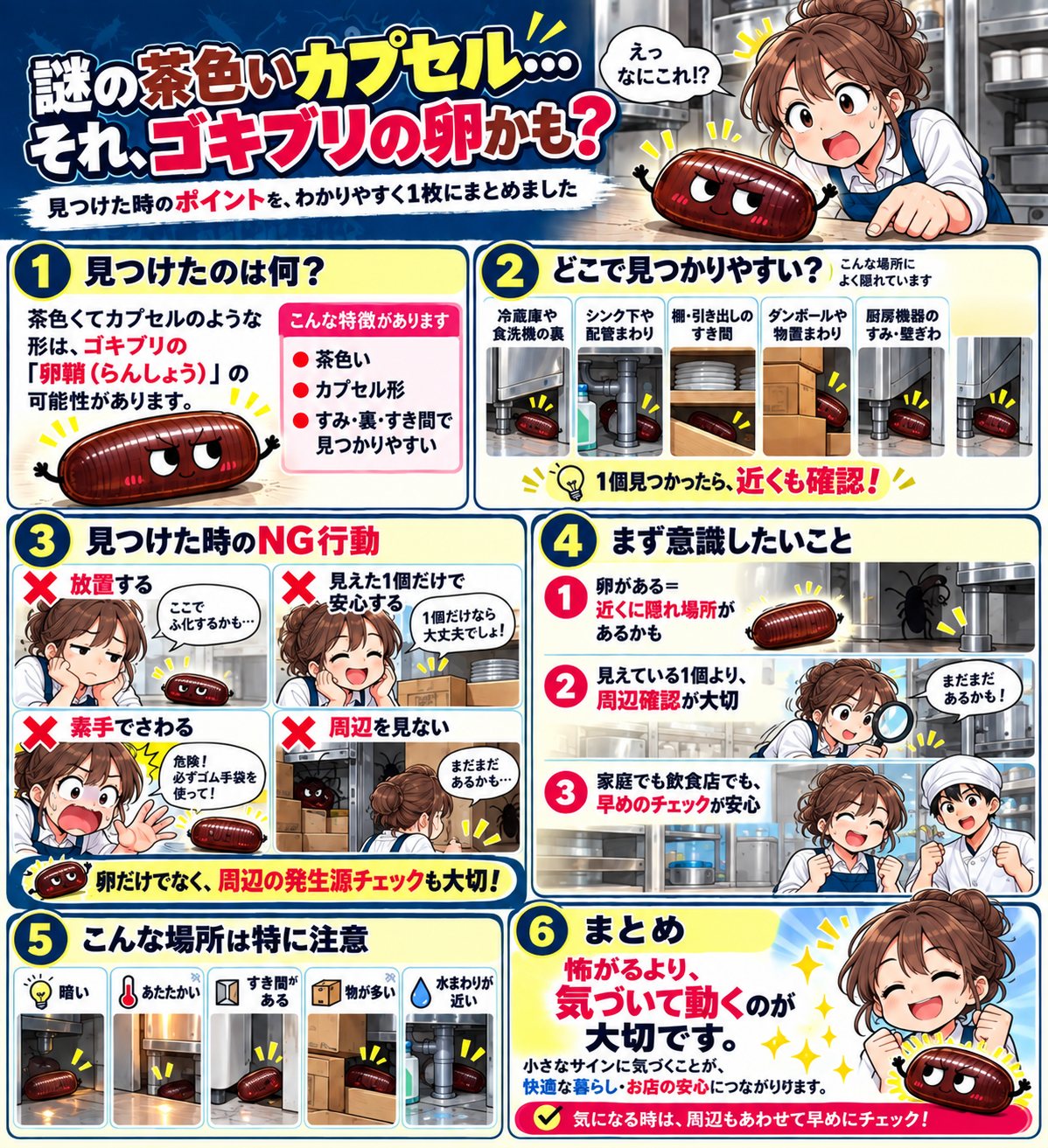 茶色いカプセル状のゴキブリの卵鞘と厨房で確認したい場所の図解