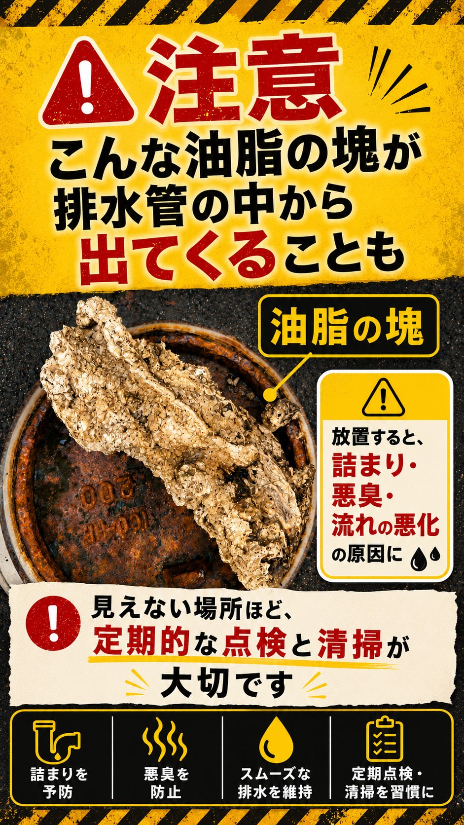 厨房排水管の中から油脂の塊が出てくることがあり、放置すると詰まり・悪臭・排水の流れの悪化につながるため、定期点検と清掃が大切であることを説明した画像