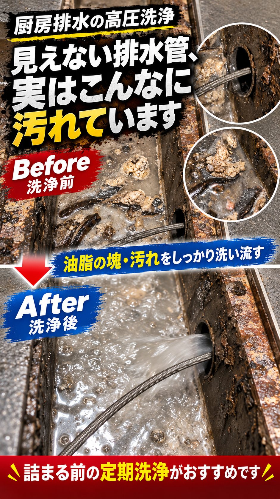 三重県四日市市の焼き鳥店で行った厨房排水管高圧洗浄の事例。実際の作業動画をもとに洗浄前後の状態を示した説明画像