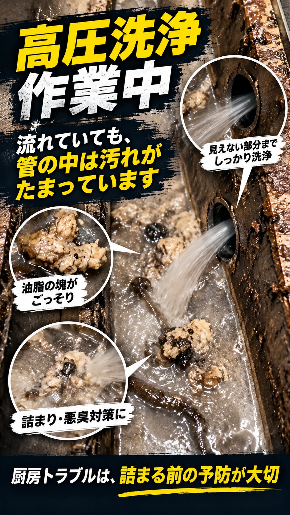三重県四日市市の焼き鳥店で厨房排水管を高圧洗浄している様子を、実際の作業動画をもとに示した説明画像